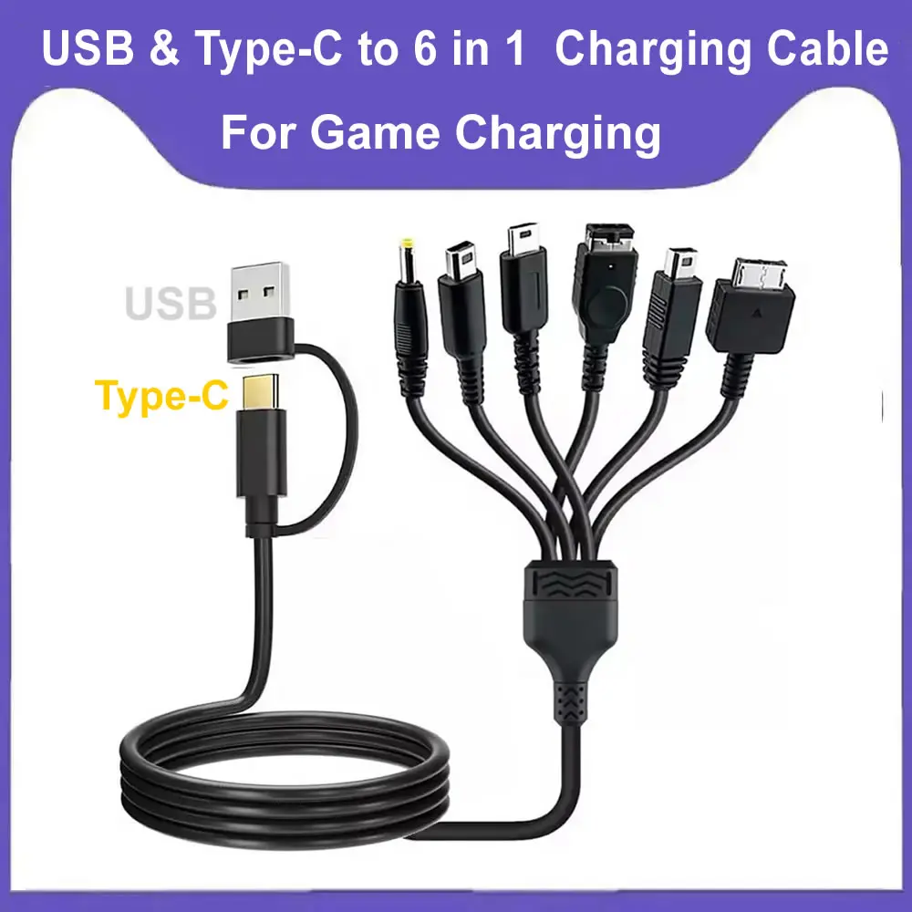 5 6 in 1 USB C Type C PD Charging Cord for NDS Lite / Wii U / New 3DS XL LL /2DS / GBA SP / PSP / PSV Game Charger Cable Cords