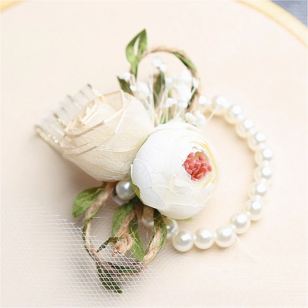 Corsage de pulso para noiva, retrô, flor, pérola, pulseira e boutonniere do noivo, casamento, casal, acessórios de casamento