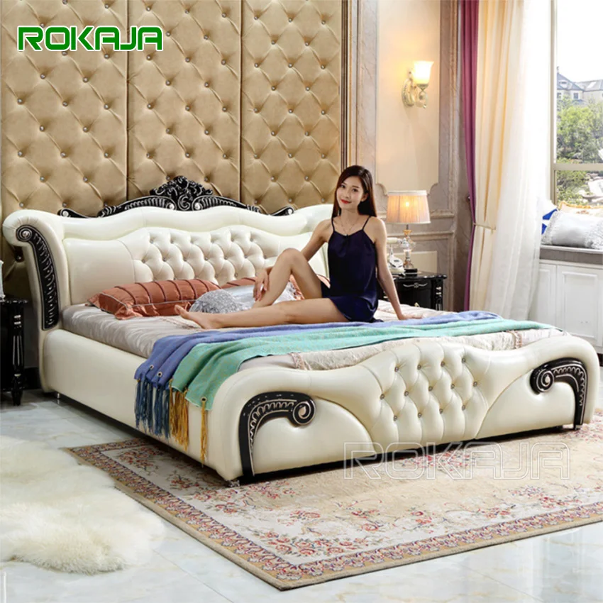 

European Style Antique Hand Carved Beds Wood Bed Frame Custom King Size Leather Royal Princess Bed Set