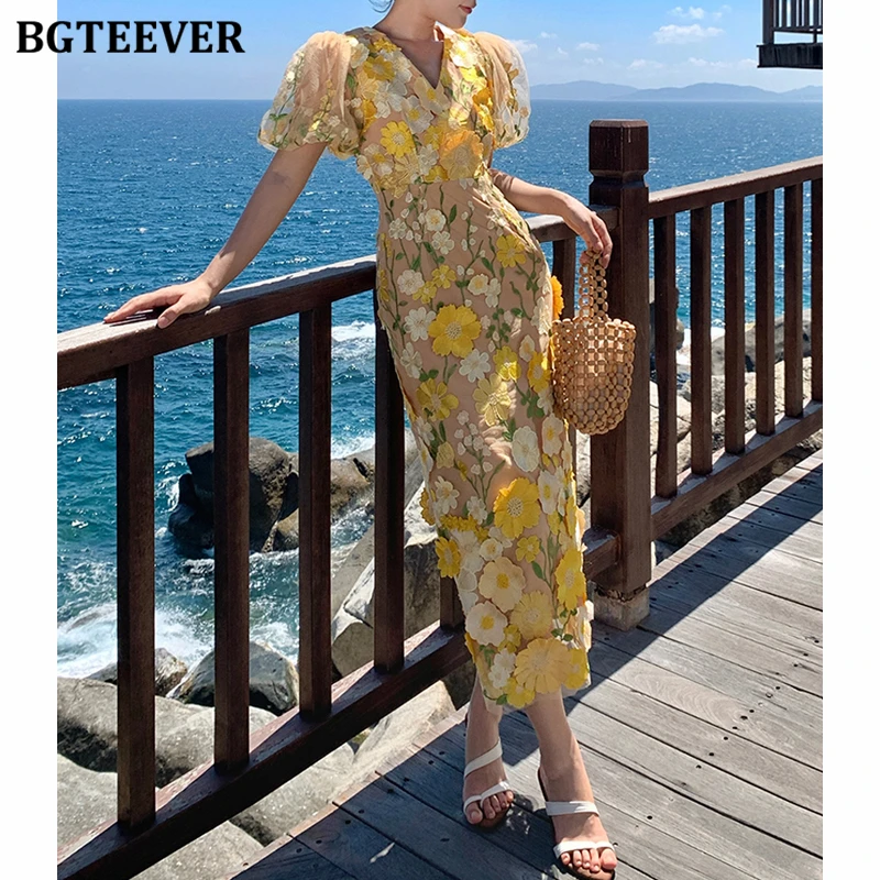 

BGTEEVER Vintage Puff Sleeve Floral Embroidery Skinny Dress for Women Summer Elegant Slim Waist Ladies Split Package Hip Dress