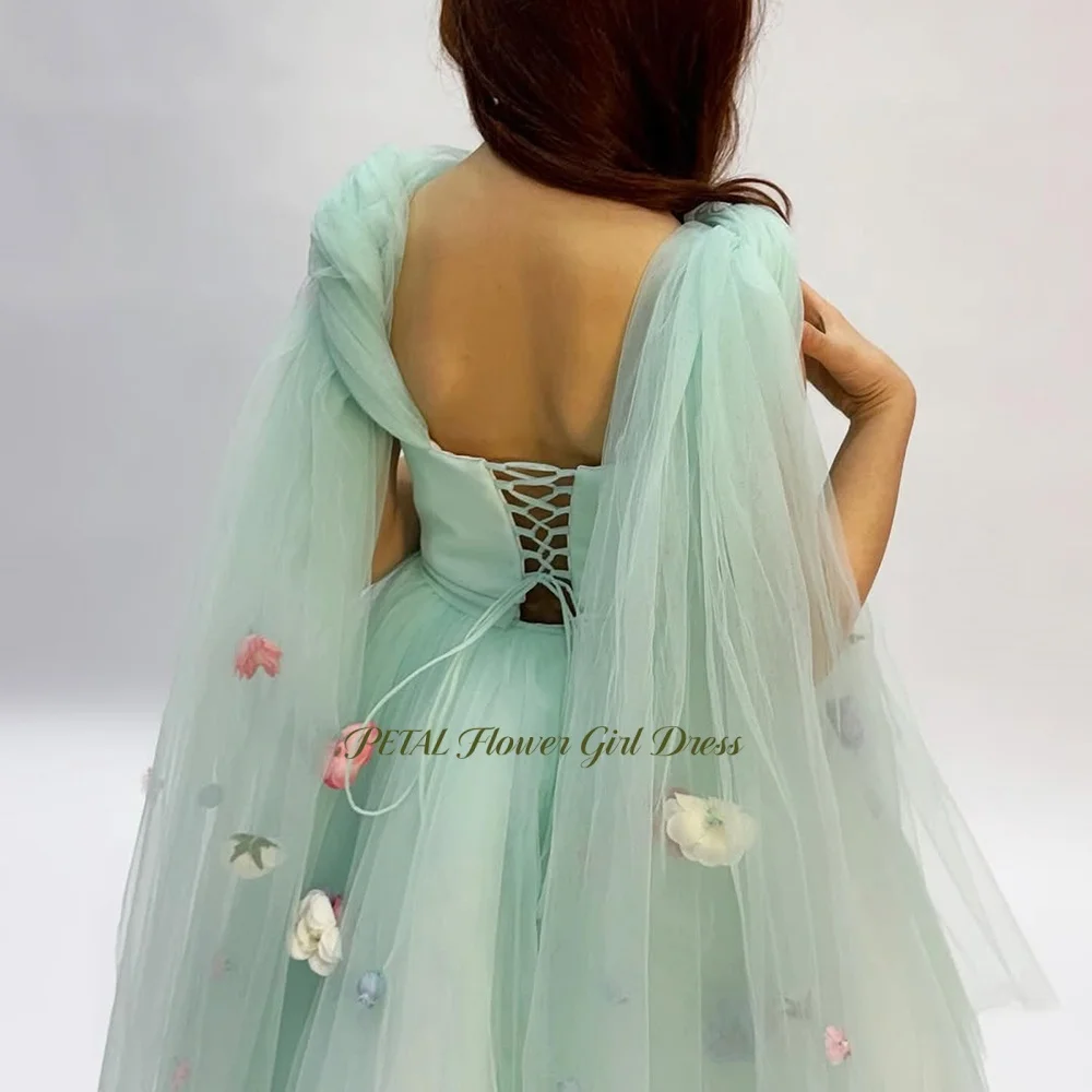 Petal Green Girls Princess Dress with 3D Flowers A Line Flower Girl Dress with Flare Sleeve Kids Birthday Party Dress Customized