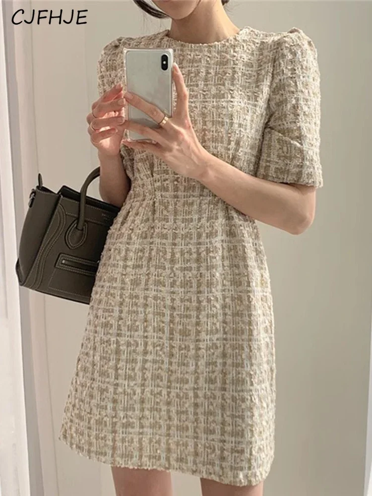 French Retro Bubble Sleeves Small Fragrance Style Women Dress Spring Fashion Style High Waist Women's Short Sleeve Dress