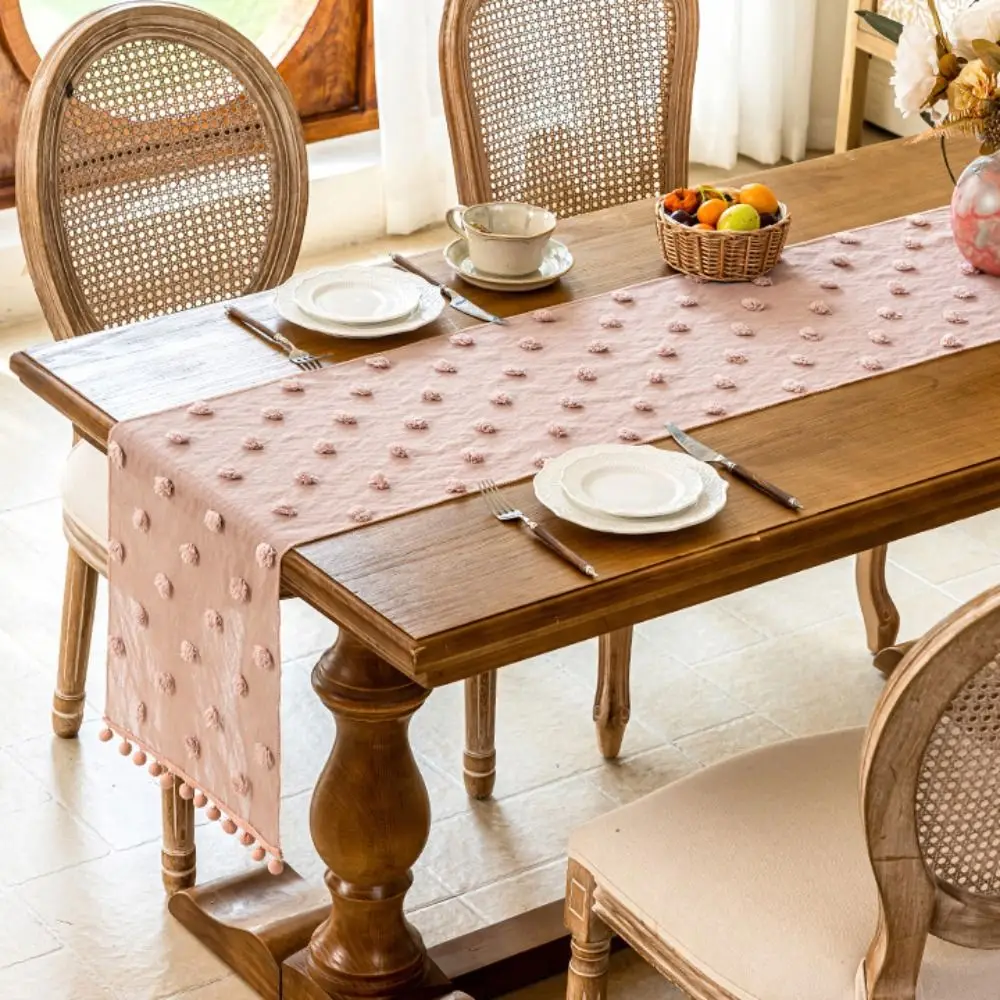 INS Style Nordic Style Lace Table Runner Gauze Rectangular Table Linen French-style with 3D Pom-poms Bookcase Cover Party