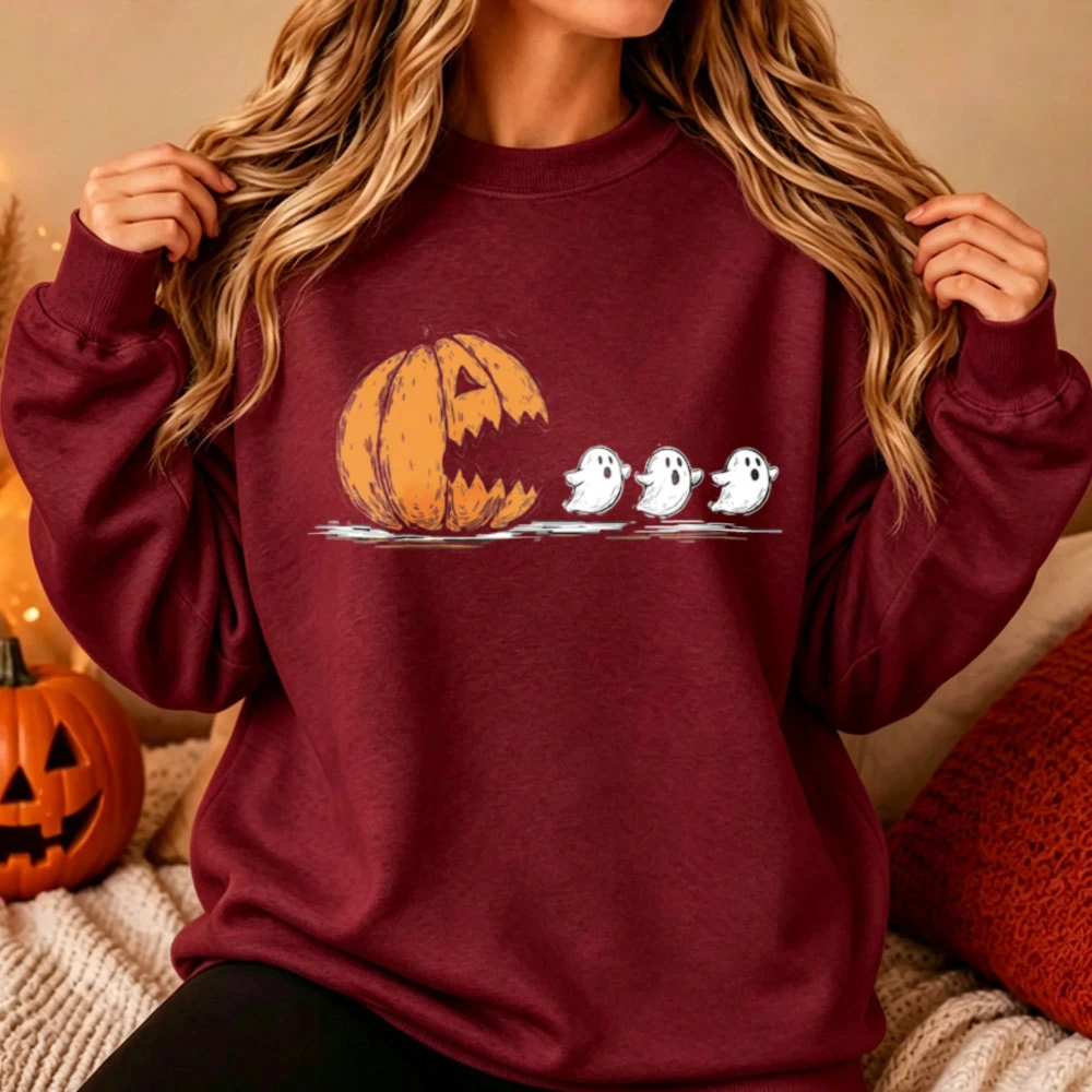 Halloween Pumpkin Chasing Ghosts Graphic Crewneck Sweatshirt Spooky Funny Ghost Print Long Sleeve Holiday Casual Pullover Tops