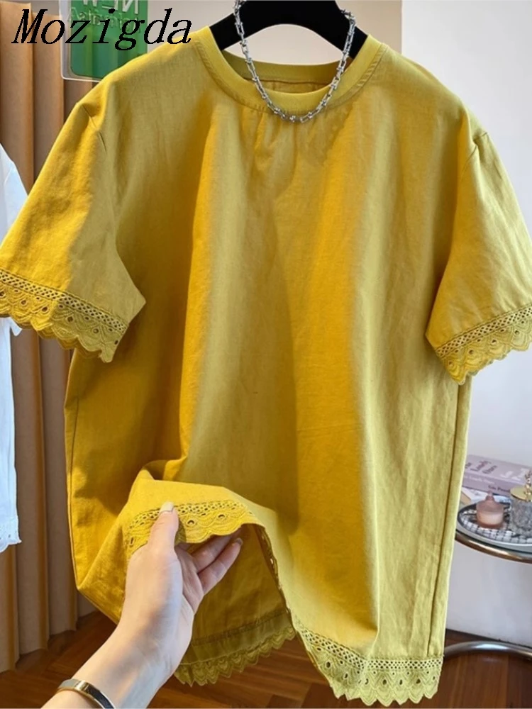 Summer Plus Size Lace T Shirt Women Premium Linen Short Sleeve Loose Crew Neck Chic Ladies Tops Blouse