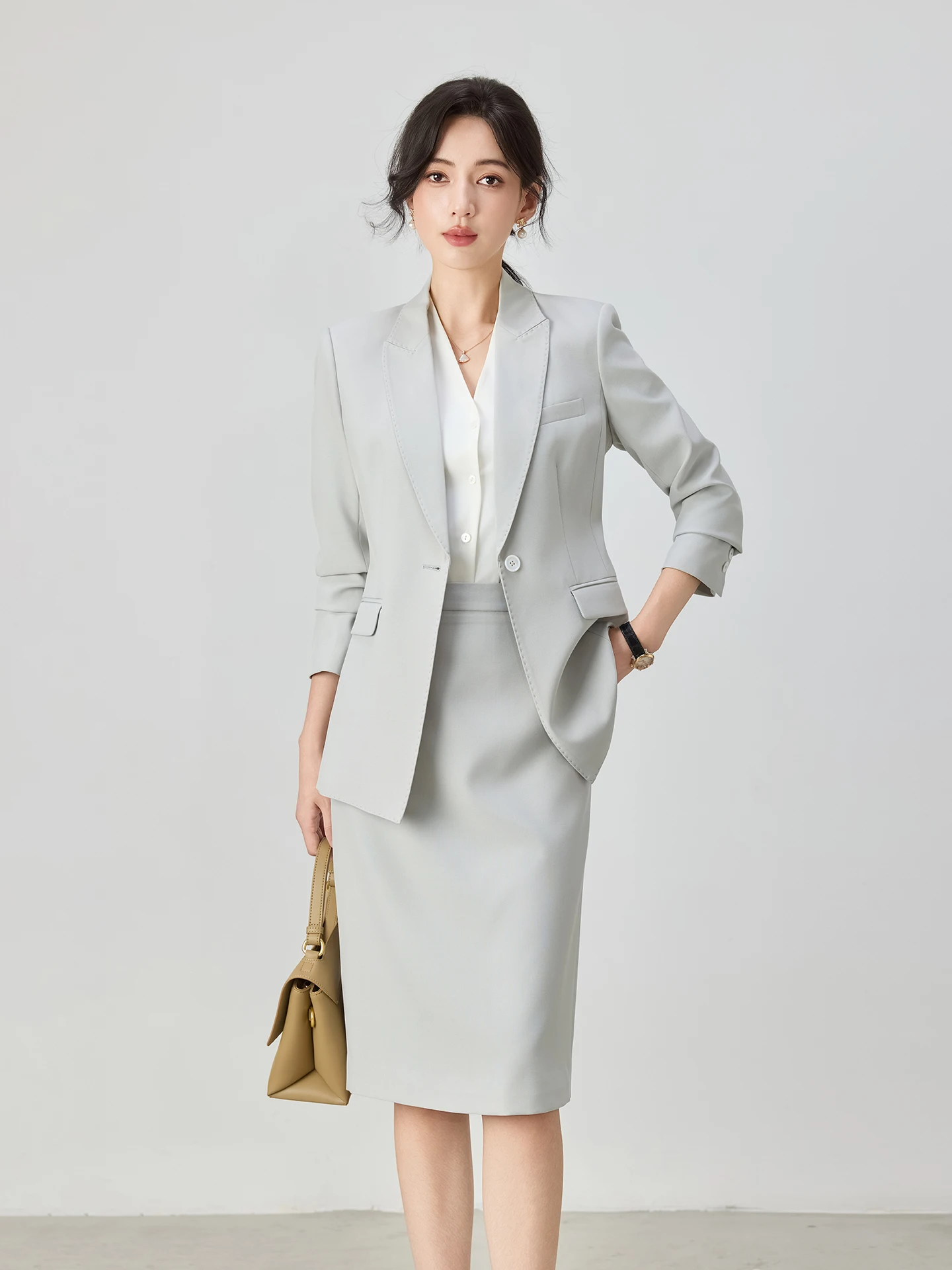 

Early Autumn New Sle Light ey One Button Profional Women's Suit Set Busin Skirt Workwear Ensemble Slim Fit Long Sve
