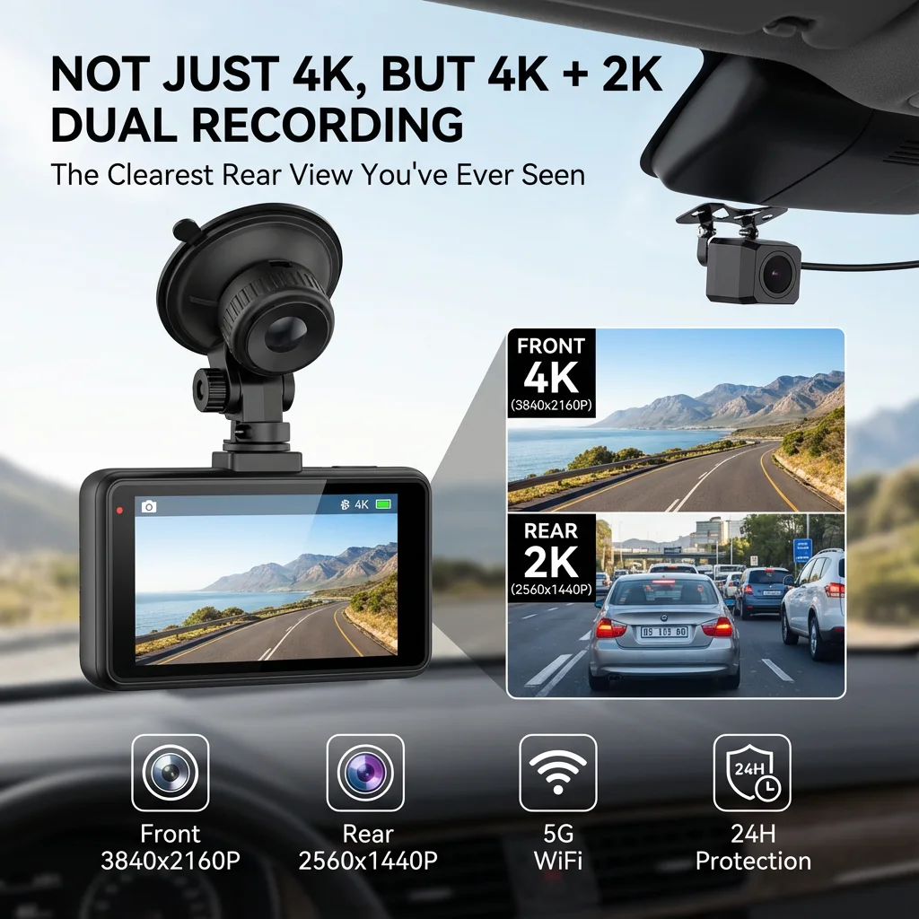 4K+2K Dual Dash Cam GPS Front and Rear Camera Built-in WiFi 1440P Rear View Car Video Recorder Night Vision 24H Parking Mode
