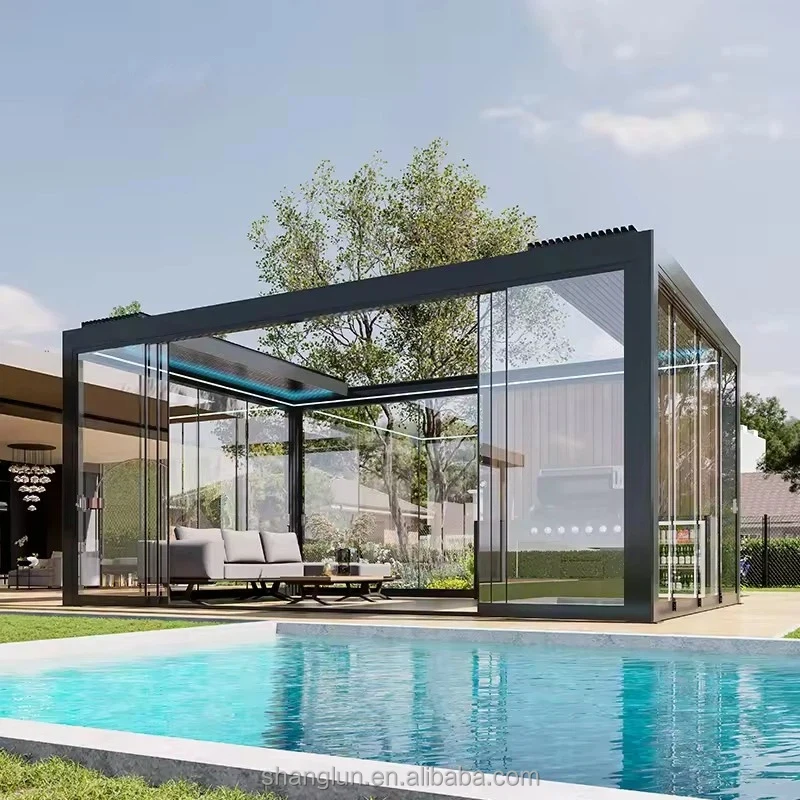 Aluminum Prefab Garden Pergola Sunroom Panoramic Glass Roof-Durable Eco-Friendly Powder Coated Free Standing Outdoor Structure