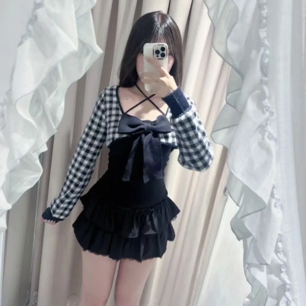 

Универсальный вязаный сексуальный пуловер с рюшами и милым бантом для девочек, роскошный пуловер, джемпер, японский тонкий искусственный свитер из двух предметов на шнуровке