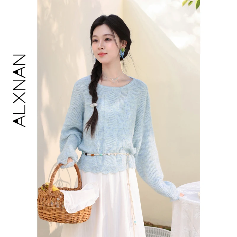 

ALXNAN Blue Sweater Women 2026 Spring Casual Loose-fit Long Sleeve Pullover Elegant Fashion Knit Tops with Waist Rope L61519