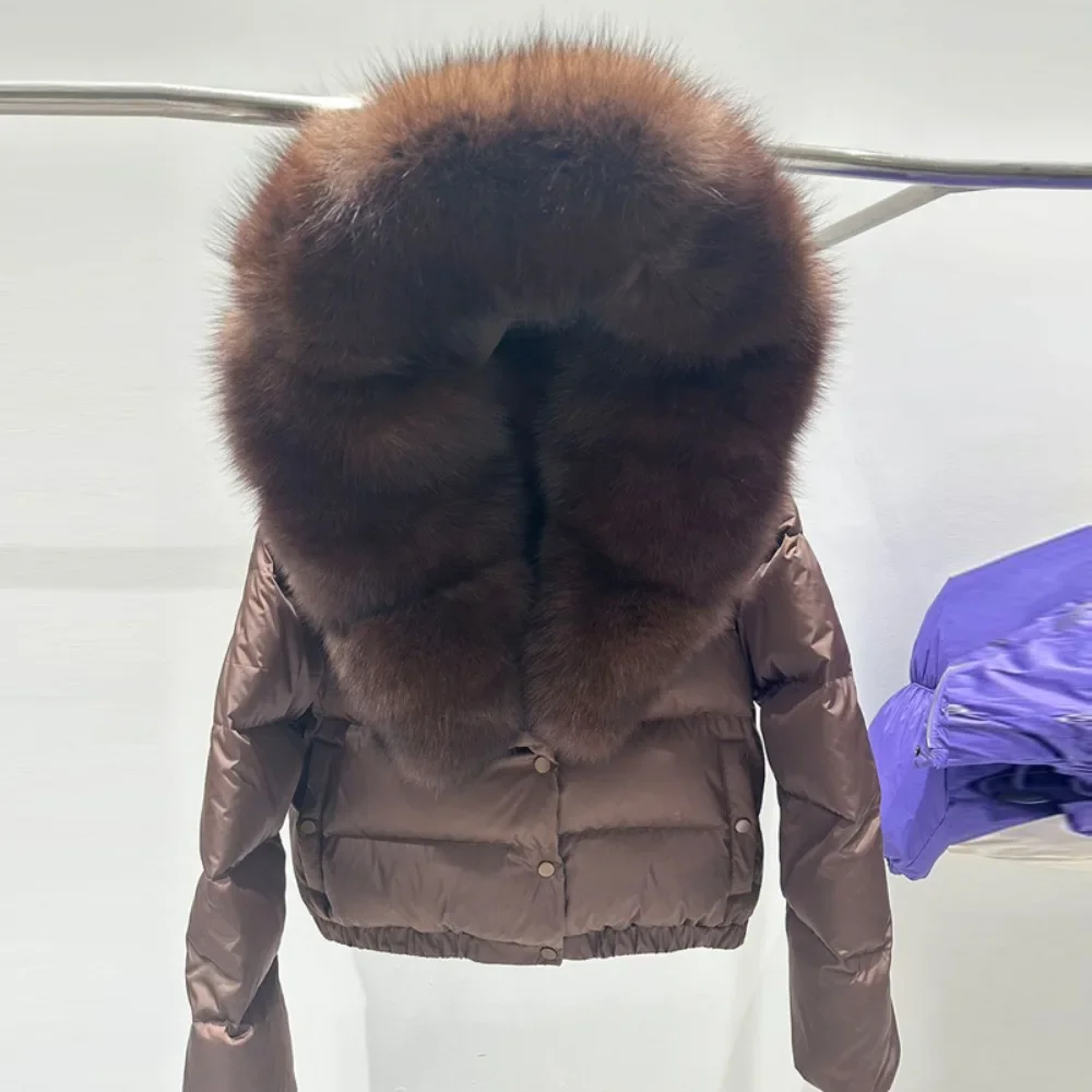 Vrouwen korte pufferjas met capuchon, natuurlijk vossenbont, bontjas, echte winter eendendonsjas, vrouwelijke parka's, echtheidsbont, uitloper
