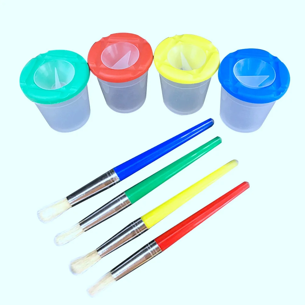 

4pcs 4 Spill Proof Paint Cups Plastic Handle Metal Tube Premium Bristle Hair For Beginners Drawing Watercolor Art