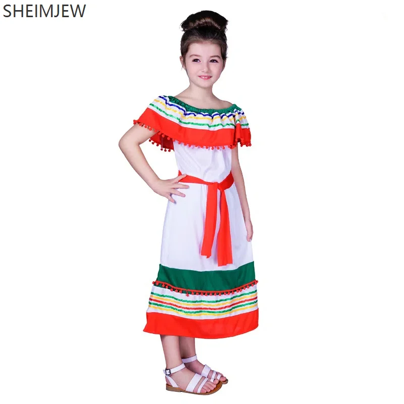 

Children's Dress Striped Mexican Ethnic Style Role Play Cute Girl Campus Stage Performance Costume Halloween Carnival Dress Up