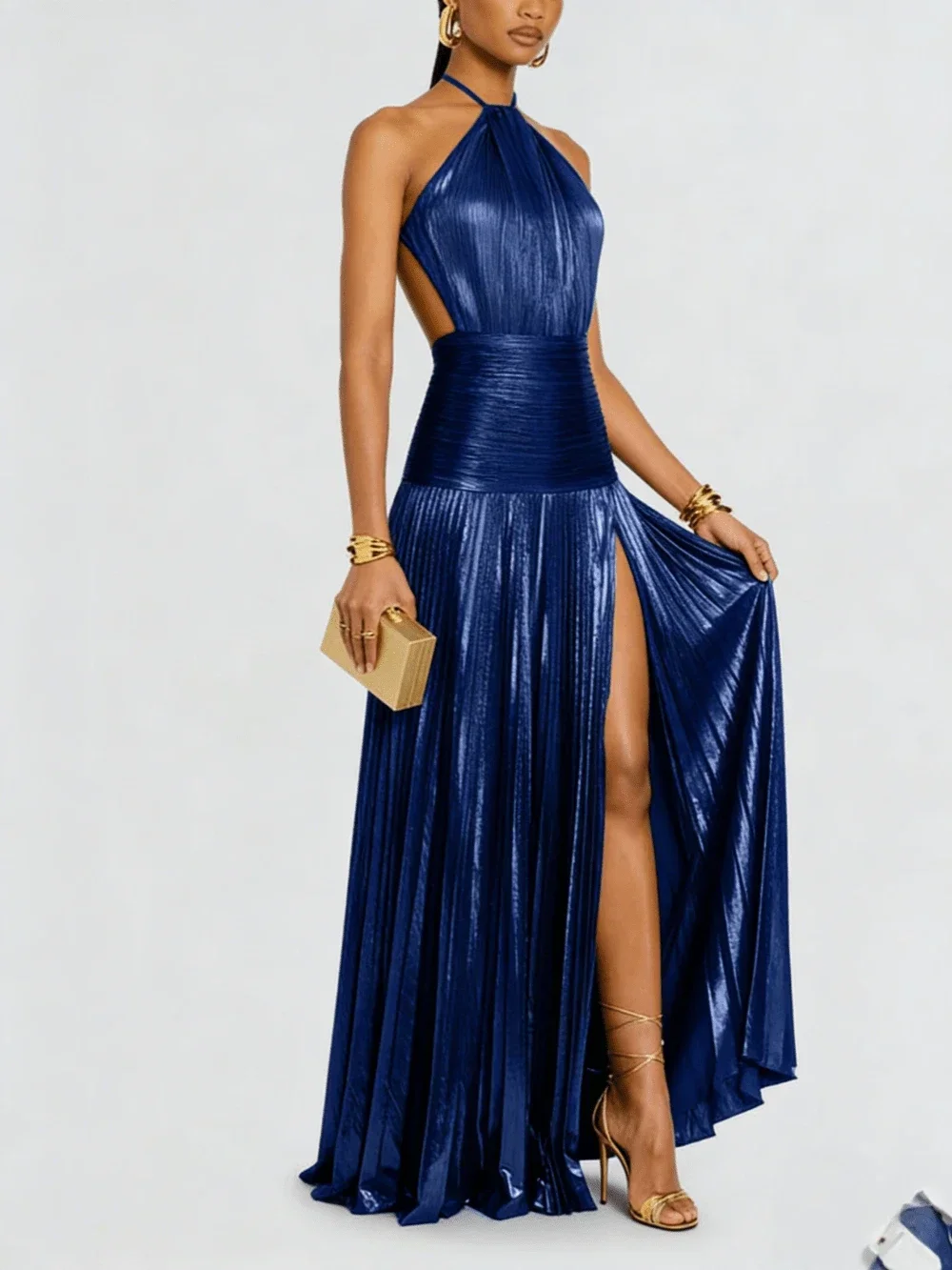 

Royal Blue Metallic Pleated Halter Gown With Backless Cutout, High Side Split, And Adjustable Neck Tie For Women