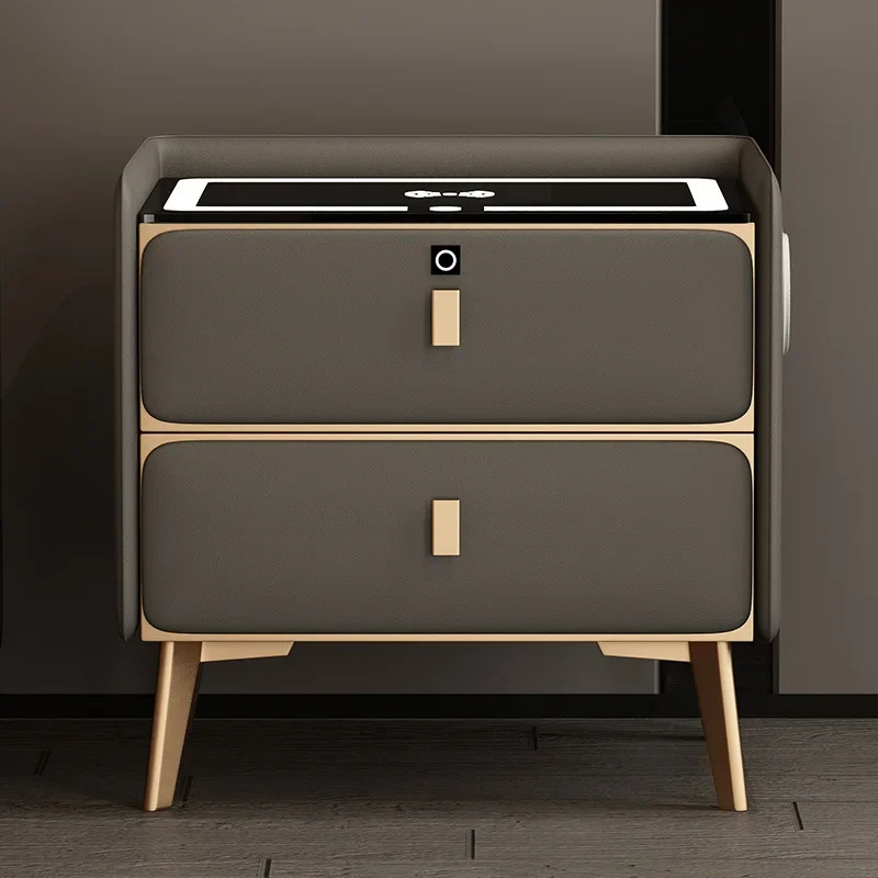 New smart solid wood bedside table Modern simple multi-function with lamp fingerprint lock Wireless charging Home bedside table