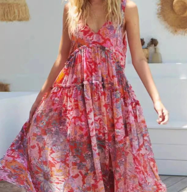 Women Spring Summer New Chiffon Flower Printing Sleeveless Long Loose Dress Casual Holiday Dress