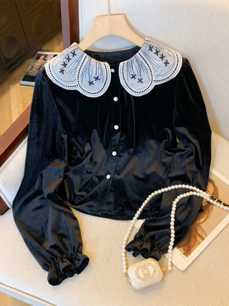 

Women's Black Gothic Shirts and Blouses Y2k Harajuku Vintage Korean 2000s Elegant Long Sleeve Peter Pan Collar Shirt Emo Clothes