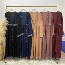 Muslim Women's New Fashion Women's Abaya Middle East Türkiye Dubai Women's Elegant Loose Hot Drill Beads Side Pocket Dress