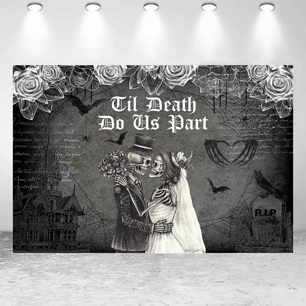 Mocsicka Till Death Turn Do Us Part Photo Background Ghost Bride and Groom Halloween Backdrop Wedding Party Decoration Photocall