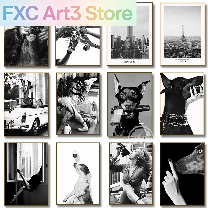 1pc frameless Black White Doberman Chimpanzees Luxury Paris NewYork Fashion Woman Poster Prints Canvas Painting Wall Art Nordic