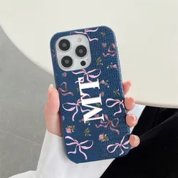 Personalise Name initial Lizard Bows Flowers Leather Cases For Iphone 11 12 13 14 16 promax 14 15 Plus Luxury Lizard Hard Covers