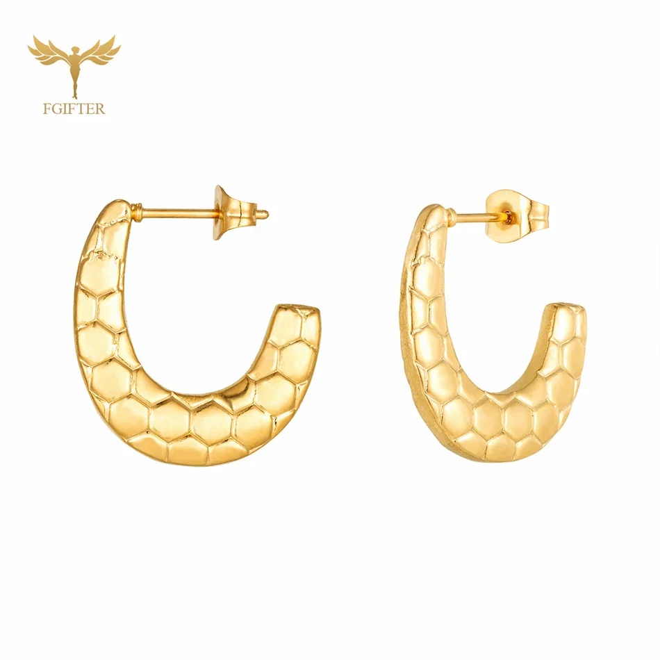 C Shape Relief Pattern Golden Hoop Earrings For Women Stainless Steel Ear Piercing Stud Party Fashion Jewelry Wedding Accessory