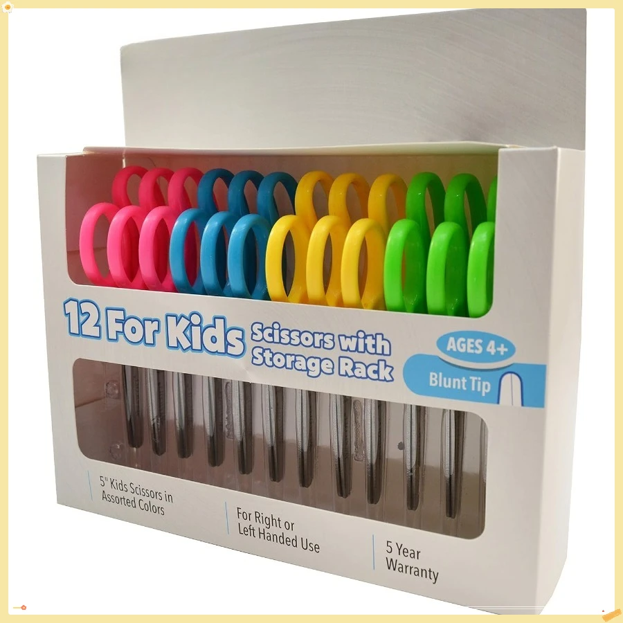 กรรไกรสำหรับเด็กถนัดซ้ายและขวา ขนาด 5 นิ้ว ปลายทู่ แพ็ค 12 ชิ้น คละแบบ