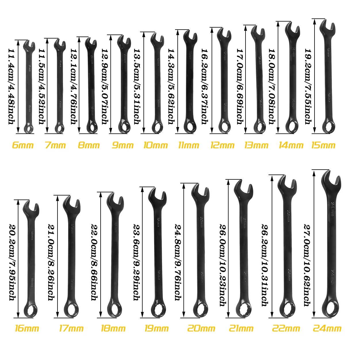 WOZOBUY Combination Wrench Set,  Open-End Wrench Set, Metric Sizes 6mm to 24mm for Large Vehicles, Black Oxide Finish