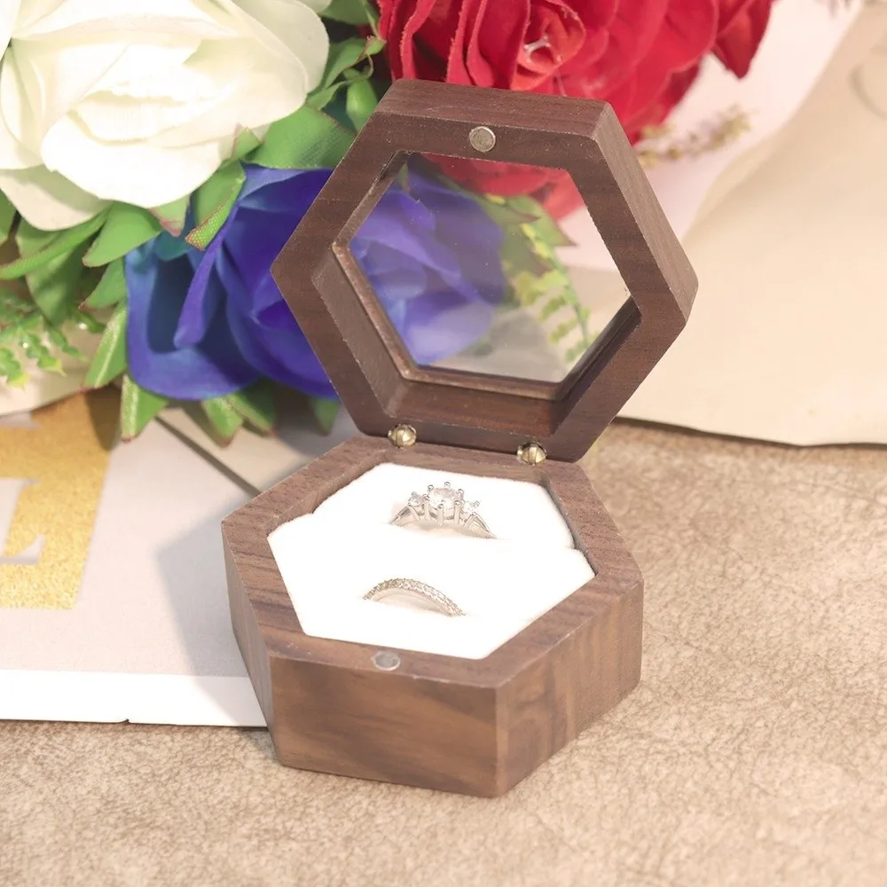 High-quality Wooden Jewelry Box Retro Hexagon Lover Ring Display Box Storage Holder Engagement