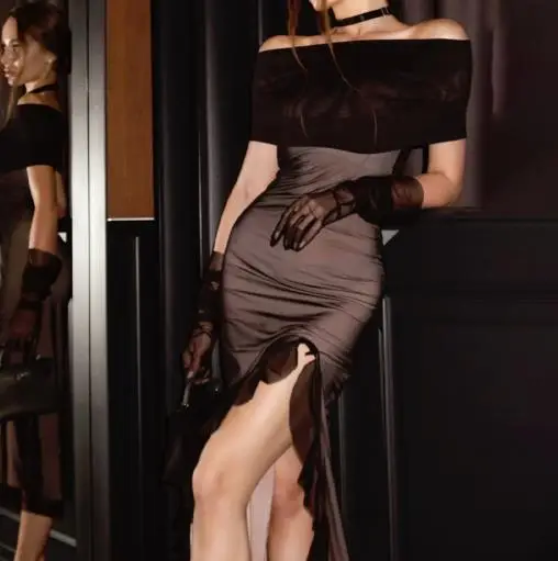 Zomer 2025, nieuwe effen kleur korte mouwen backless split-hippe jurk voor dames, sexy en elegante asymmetrische heupjurk met één hals