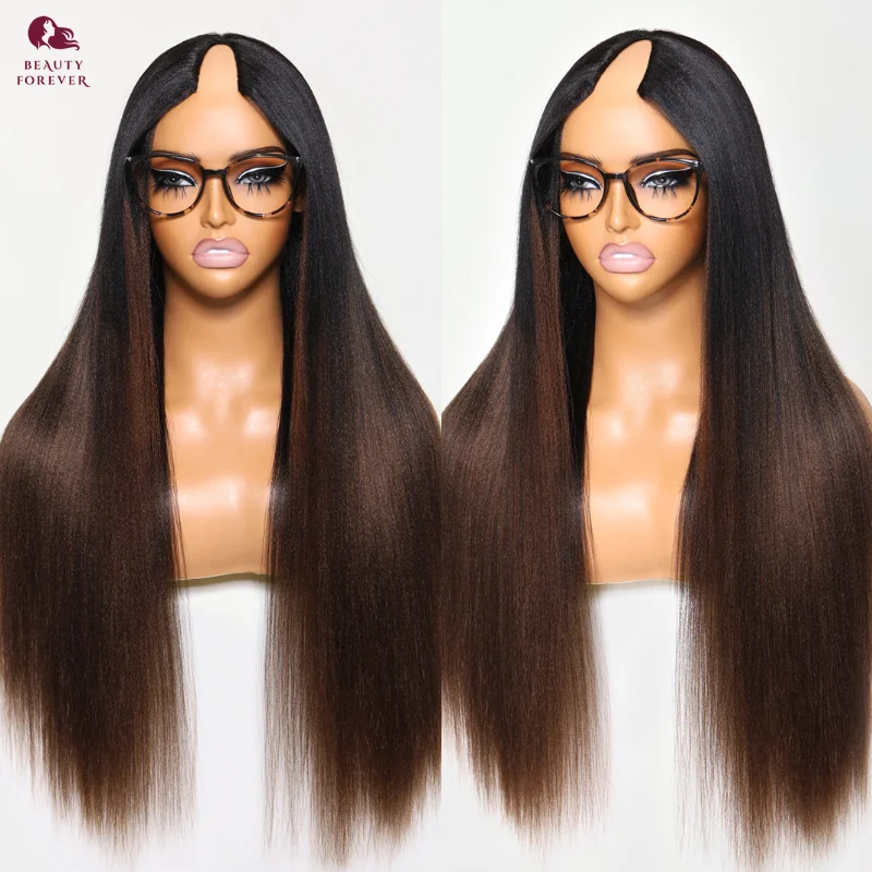 

Beauty Forever EasiContour V Part Wig Human Hair Yaki Straight Ombre Brown Color V Part Remy Human Hair Wig Density 180%