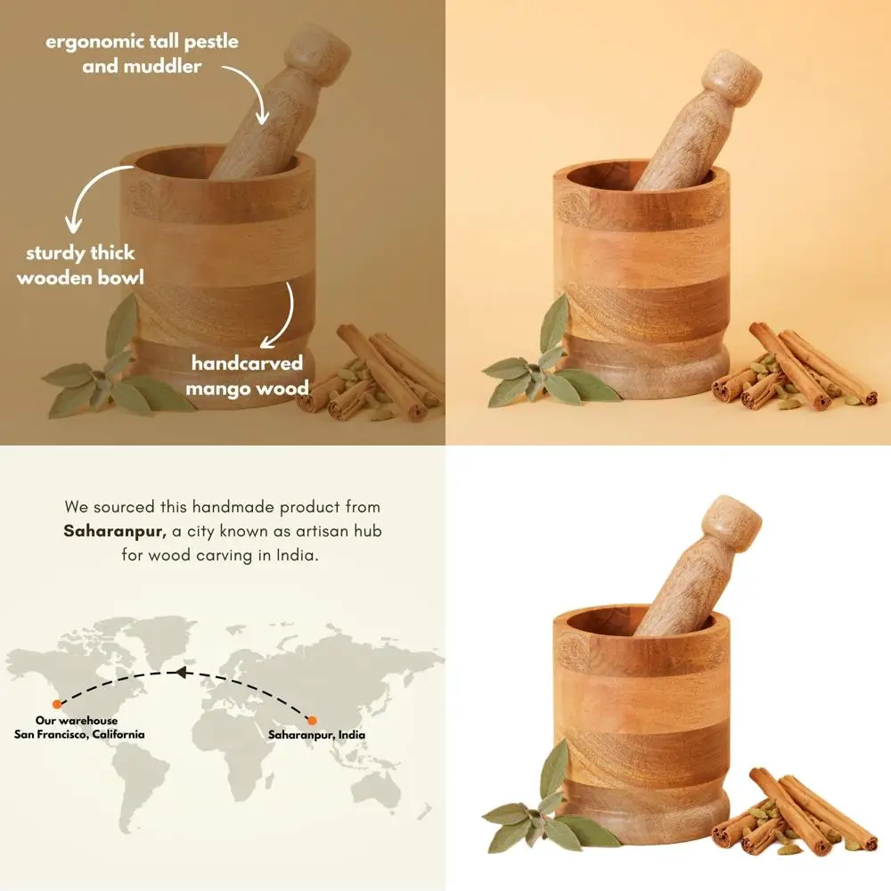 

Высокая деревянная ступка и пестик ручной работы, необходимая для кухни, помощь при при приготовлении пищи, индийское происхождение