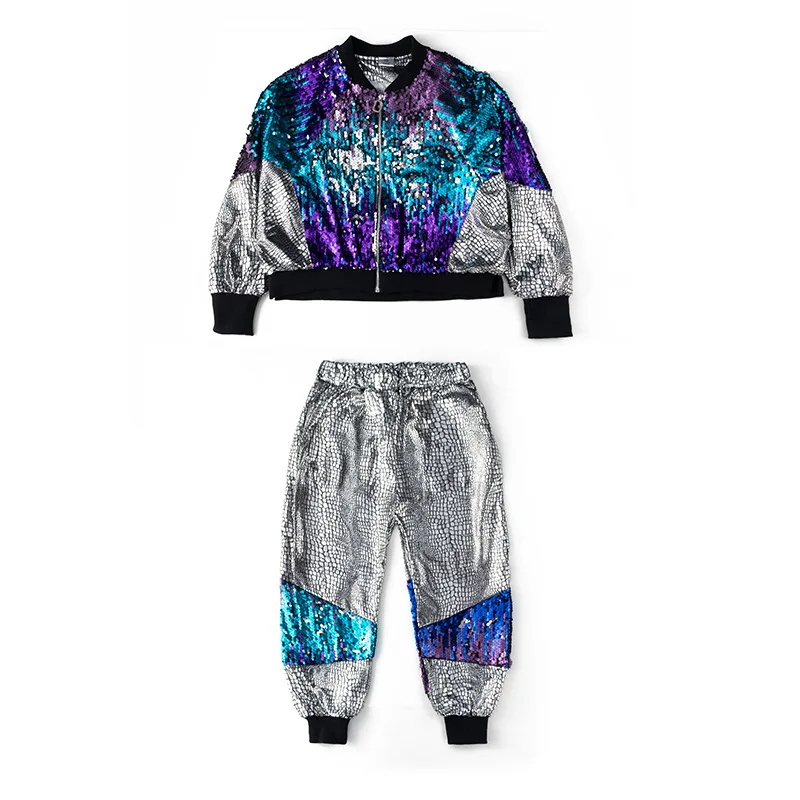 Costume de danse de jazz de rue pour enfants, vêtements de performance, vêtements hip hop, manteau à paillettes, veste ample, pantalon argenté pour filles et garçons