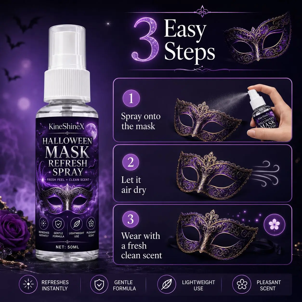 Halloween Mask Refresh Spray 50mL, Fine Mist Costume Freshener with Quick-Dry, Non-Sticky Formula and Pleasant Scent.