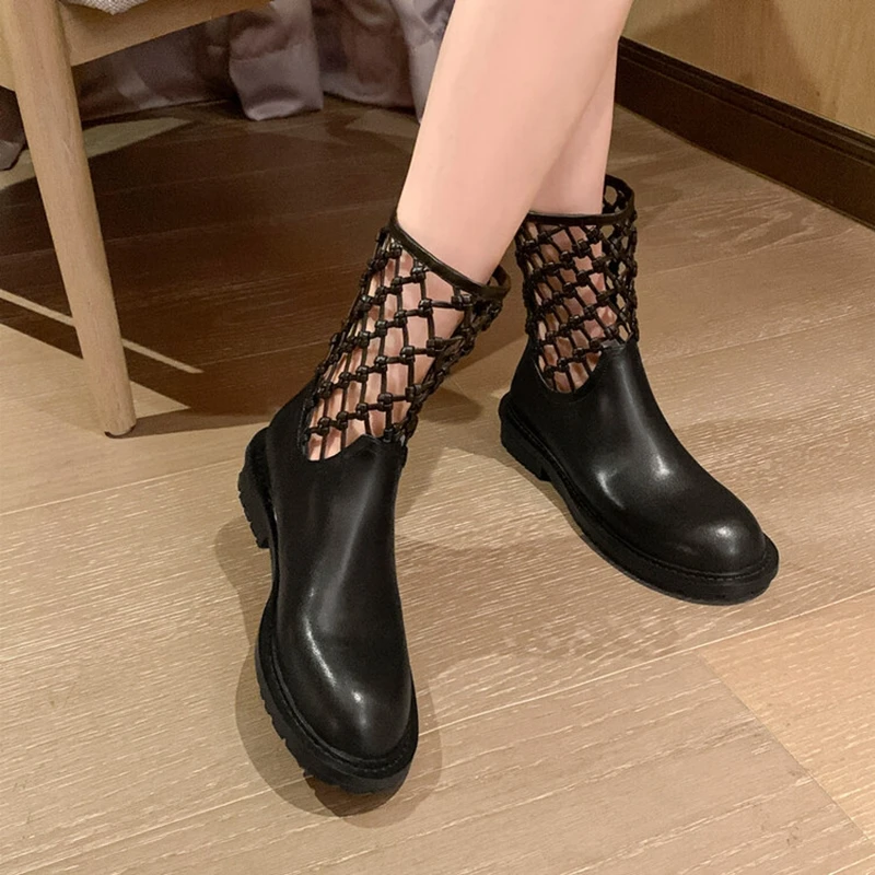 

Autumn Boots Women Split Leather Short Boots Round Toe Thick Heel Women Shoes Winter Chelsea Boots Casual Weave Platform Shoes