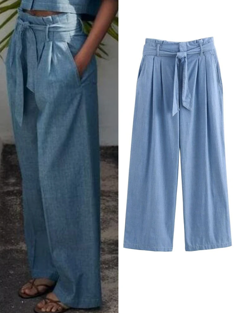 

Women Summer Wide leg pants 2024 Fashion Solid Sashes Bow High Waist Female ELegant Street Pant Trousers Clothing