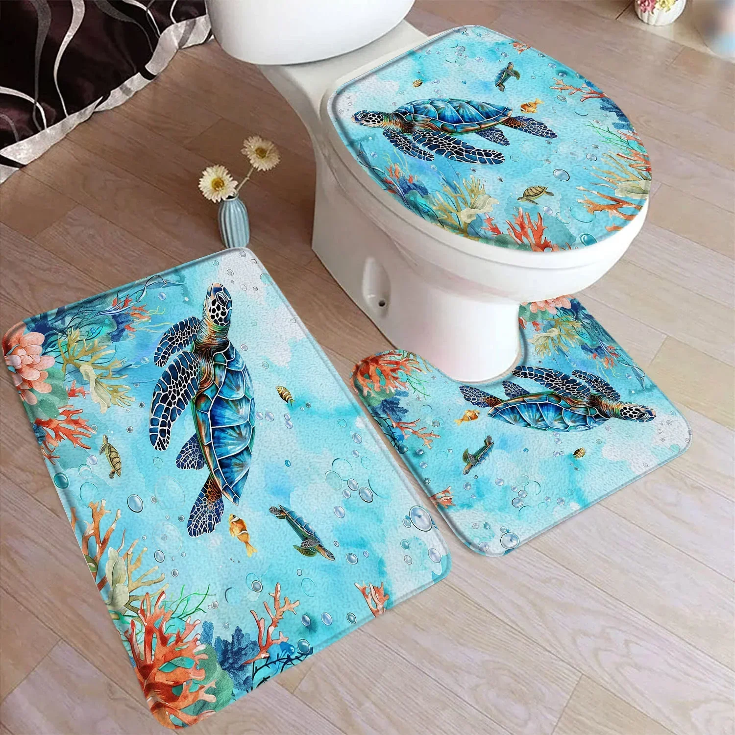 Sea Turtle Bath Mat Set Watercolour Tropical Fish Coral Seagrass Marine Animals Home Bathroom Decor Floor Rugs Toilet Lid Cover