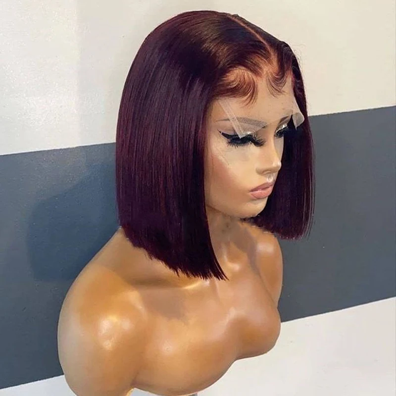 Morbido borgogna 99j prepizzicato Glueless 180% densità breve Bob dritto parrucca anteriore in pizzo profondo per le donne nere BabyHair vino rosso quotidiano