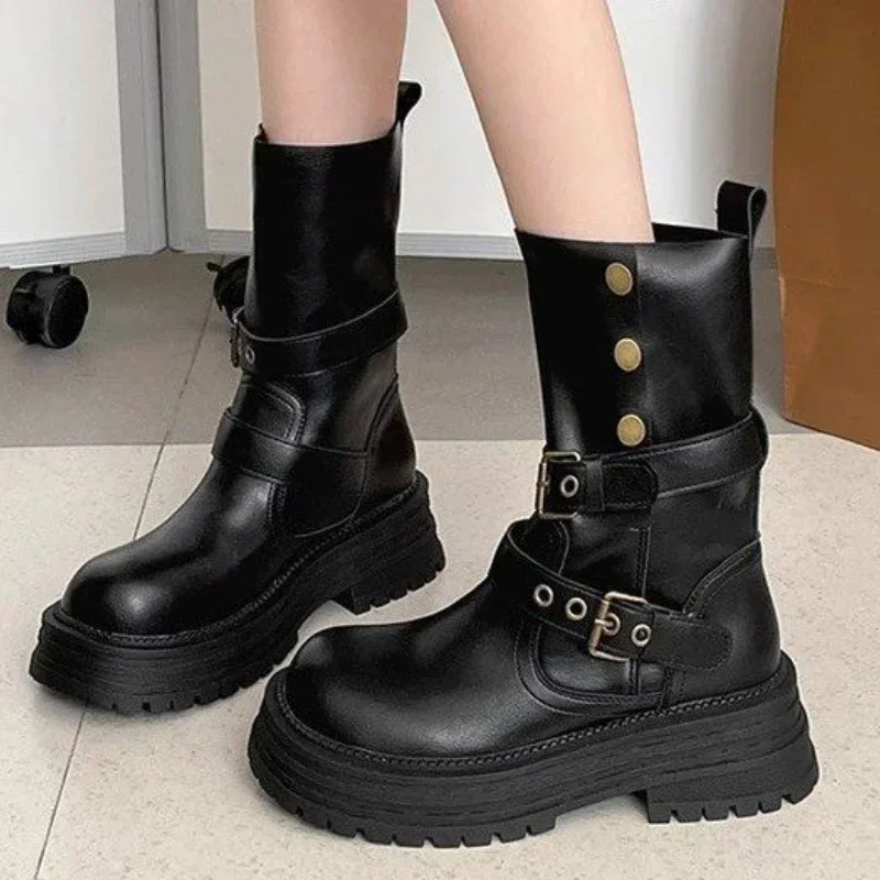 

Vintage Black Women Western Cowgirl Boots Fashion Belt Buckle Knight Mid Calf Booties Ladies Elegant Thick Heels Botas Mujer