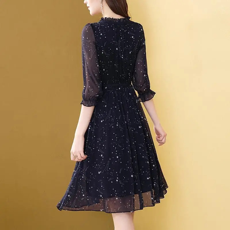 Sweet Bow Starry Sky Print Dress Summer 2023 Three Quarter Petal Sleeve Ruffled Neck Chiffon Pullover Midi Dress Womens Clothing