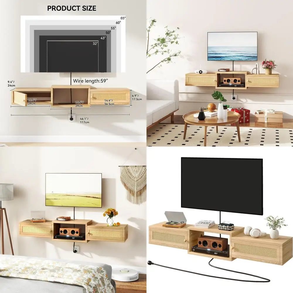 

Современная настенная подставка для телевизора из ротанга с дверцами, полка для хранения телевизоров до 55 лет, развлекательный центр в гостиной/спальне