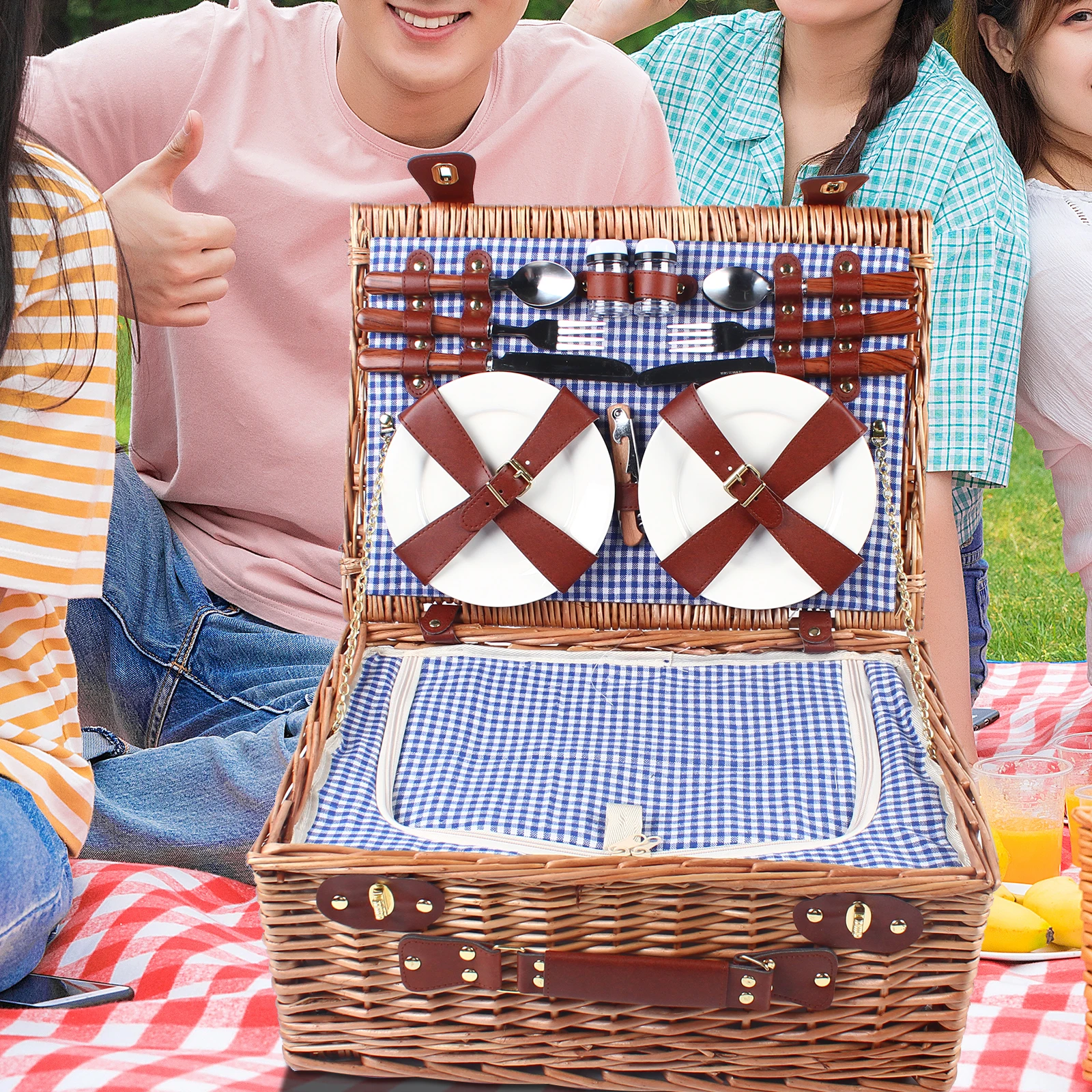 4 Person Insulated Picnic Basket Set Wicker Basket with Picnic Ware Set for Fruits Beverages Storage Camping Outdoor