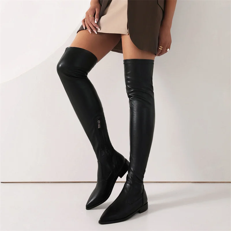 Elastic Thigh High Boots Women Soft Stretch Black Beige Over the Knee Boot Low Heels 2024 Autumn Winter Shoes Lady Large Size 48