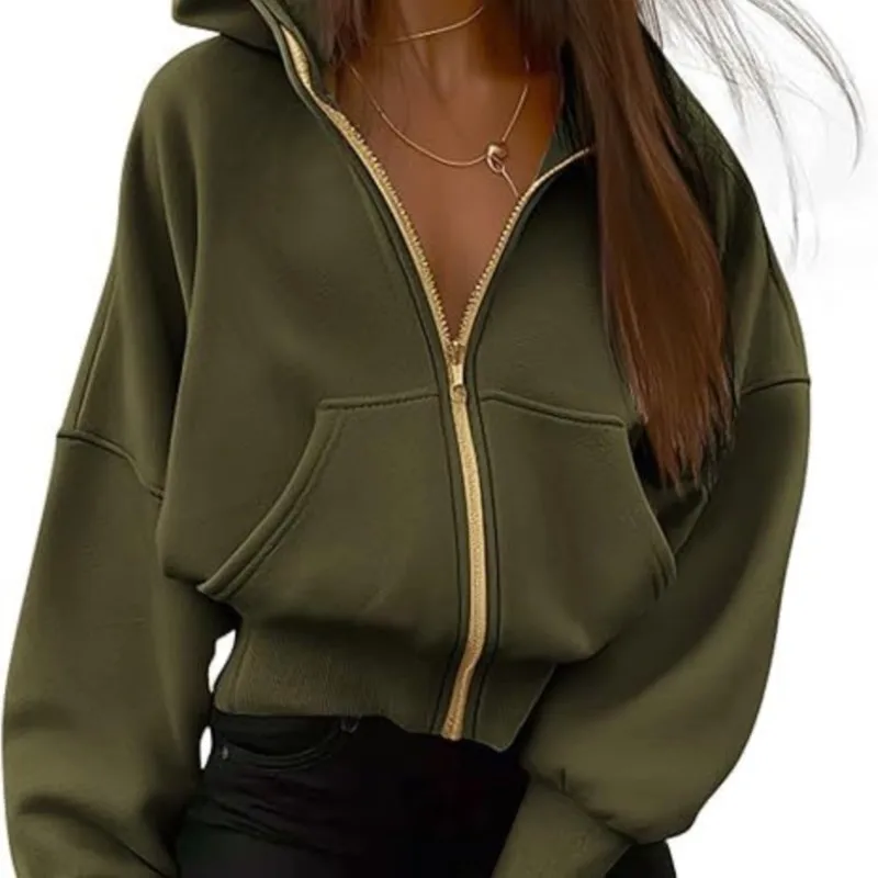 Autumn Winter New Women's Zipper Hooded Long Sleeved Short Sportswear Wool Hooded Jacket Fashionable Pocket Coat Vestes Femmes