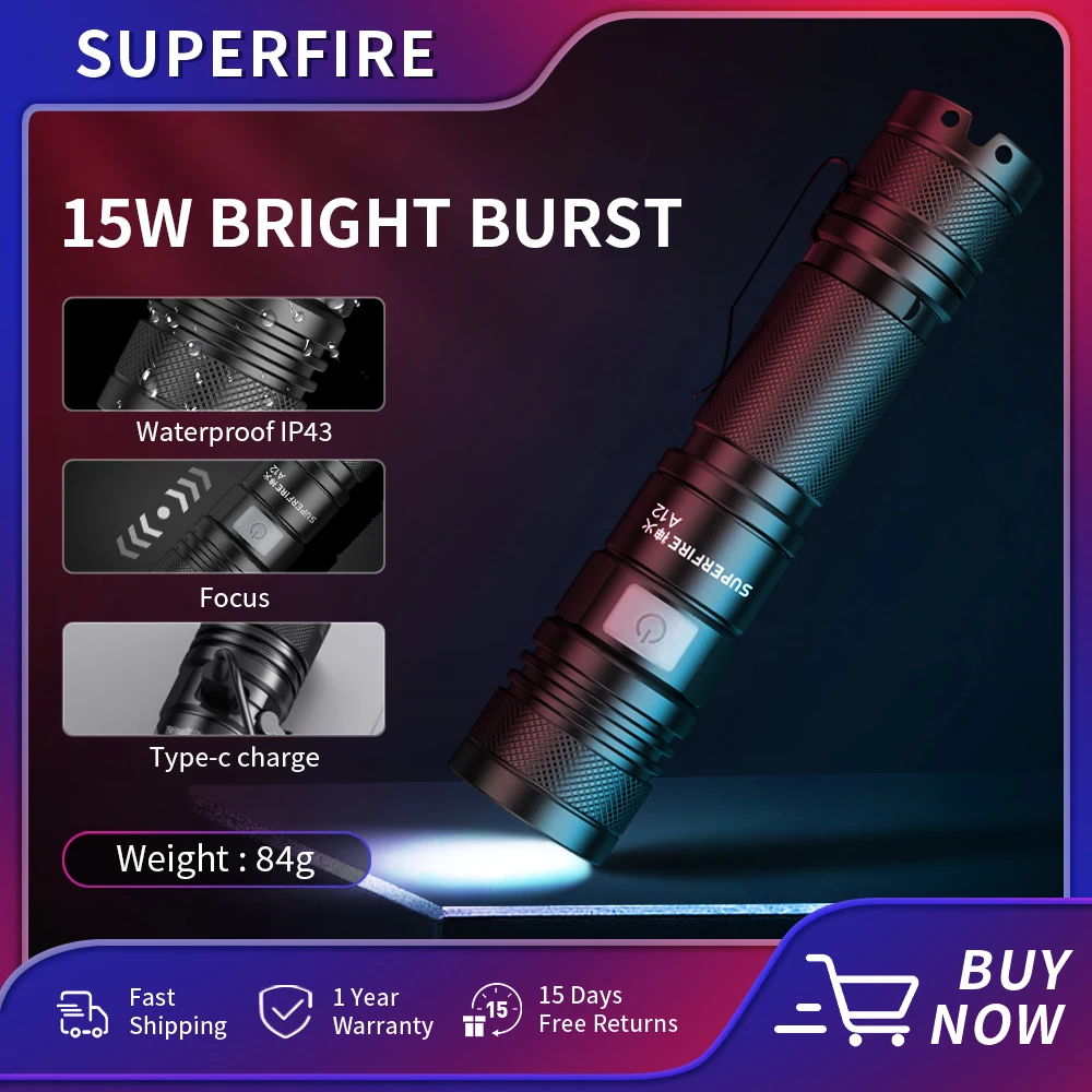 

SUPERFIRE A12 LED Flashlight Ultra Powerful Zoom EDC Torch USB-C Rechargeable Portable Emergency for Camping Fishing Lanternt