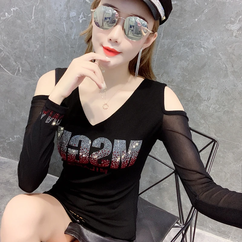 2023 New Fall Winter European Clothes Mesh Back T-Shirt Sexy V-Neck Off Shoulder Shiny Diamonds Women Tops Long Sleeve Tees 3918