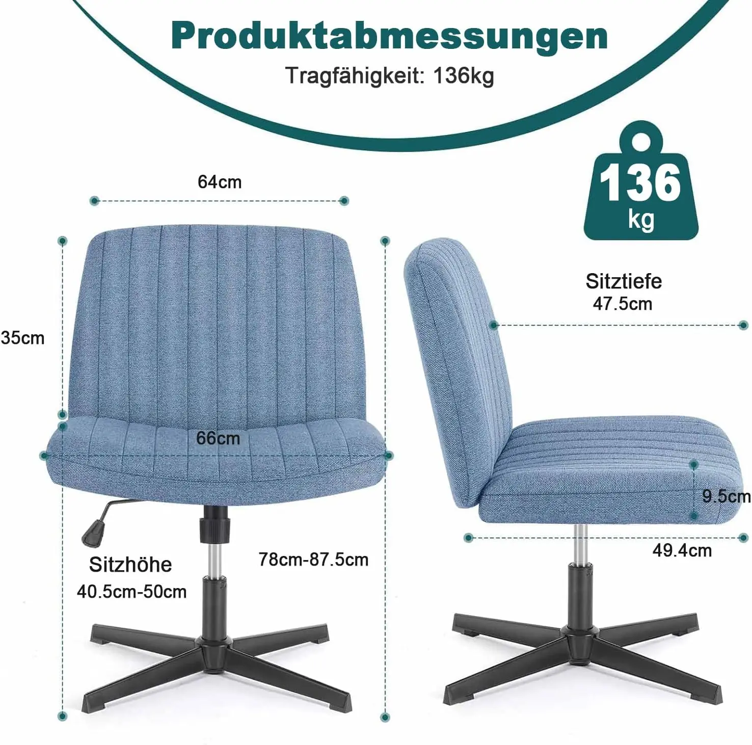 كرسي مكتب متقاطع الأرجل، مقعد عريض بدون ذراع بدون عجلات، دوران حديث لارتفاع المكتب المنزلي قابل للتعديل #4