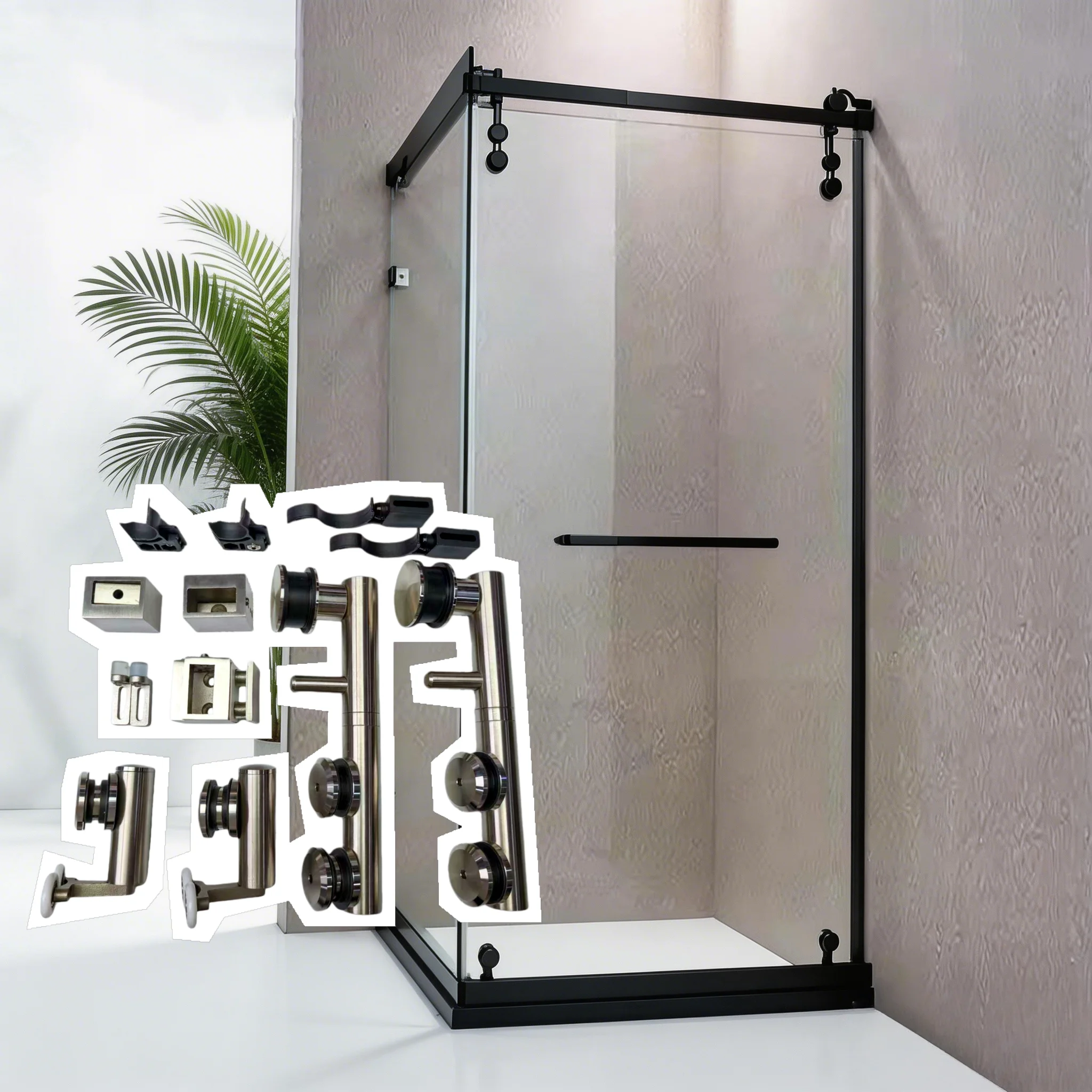 Satin Matt Black Color Customized Size Hardware Kits for Box Moove Shower Door System Inner Openning Saving Place Innovative