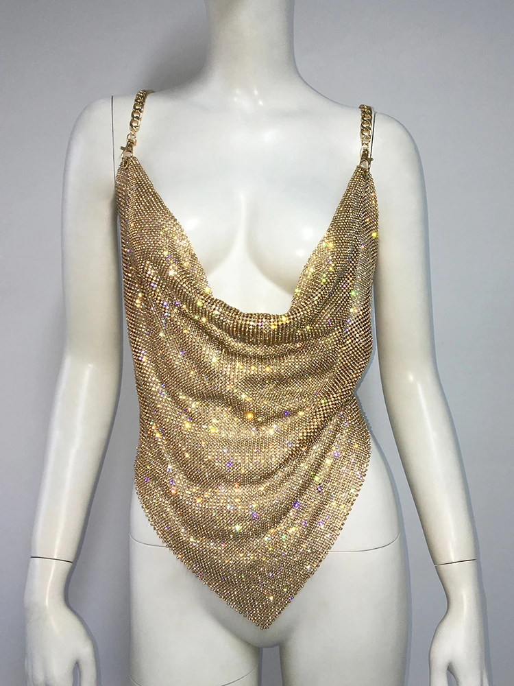 Evelyth Sexy Chain Suspenders Luminous Rhinestones Metal Vest Fashion Backless Deep V Irregularity Tops Spicy Girl Streetwear