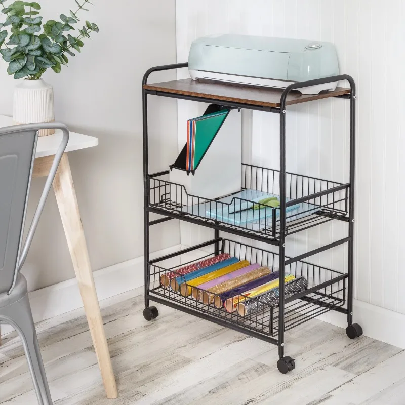 

3-Tier Rolling Kitchen Storage Cart with Wood Shelf and Pull-Out Baskets, Black/Walnut
